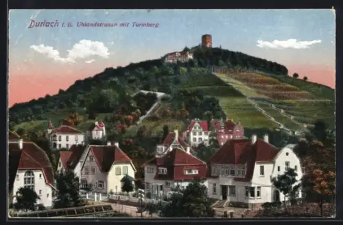 AK Durlach, Ansicht der Uhlandstrasse mit Turmberg