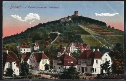 AK Durlach, Ansicht der Uhlandstrasse mit Turmberg