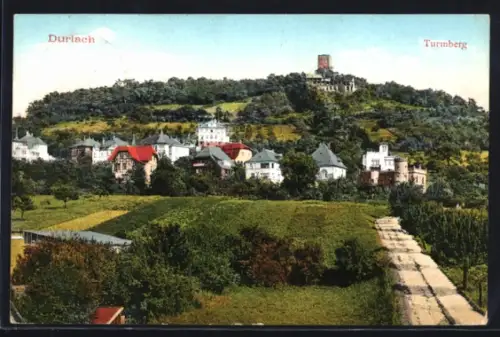AK Durlach, Turmberg, Ansicht von einem Garten aus