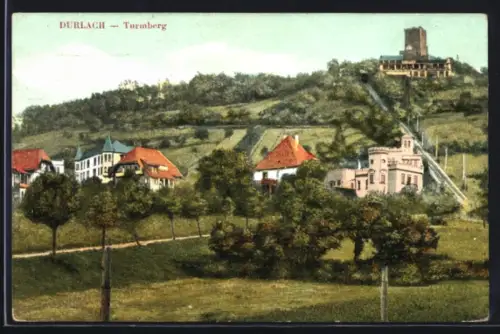 AK Durlach, Turmberg mit Wiesen und Häuserreihe