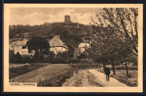 AK Durlach, Turmberg mit Spaziergänger