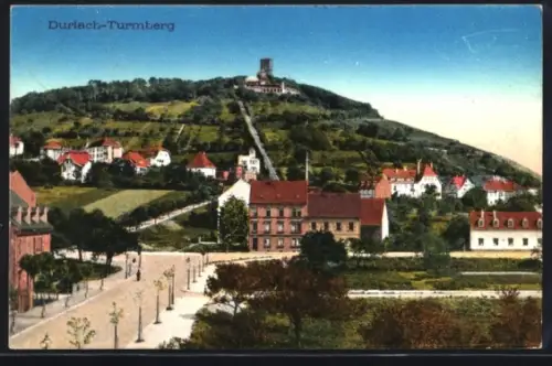 AK Durlach, Turmberg mit Strassenkreuzung
