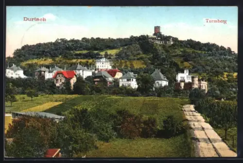 AK Durlach, Turmberg, Panorama mit Villen und Feldweg