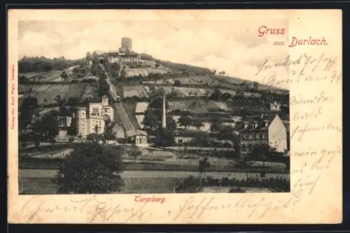AK Durlach, Turmberg, Panorama mit Seilbahn