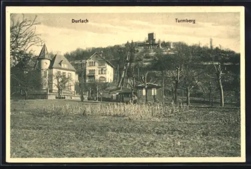 AK Durlach, Turmberg mit Villen, gesehen von einem Acker aus