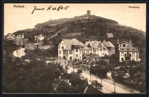 AK Durlach, Turmberg mit Strasse aus der Vogelschau