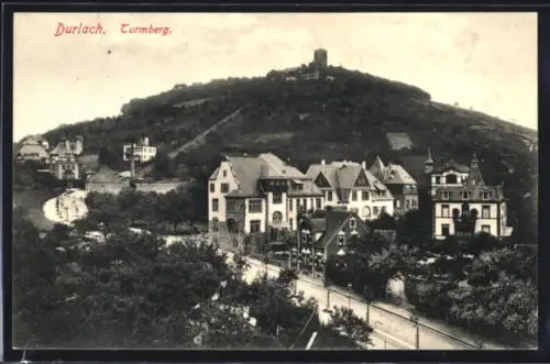 AK Durlach, Turmberg mit Villen an der Strasse