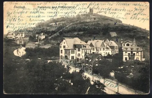 AK Durlach, Turmberg und Villenviertel aus der Vogelschau