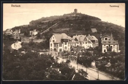 AK Durlach, Turmberg mit Strasse, Villen