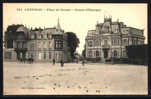 AK Louviers, Place de Rouen avec la Caisse d`Épargne et bâtiments historiques