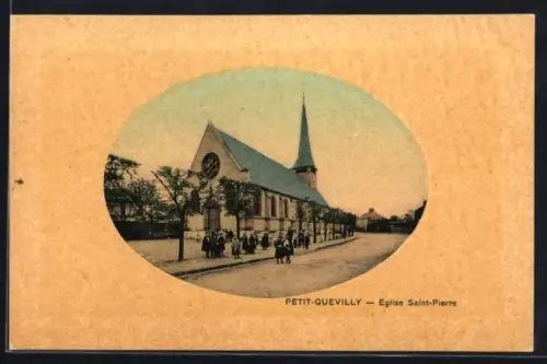 AK Petit-Quevilly, Église Saint-Pierre avec des passants sur la route