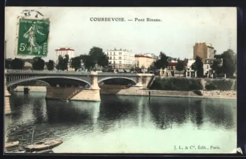 AK Courbevoie, Pont Bineau sur la Seine avec vue sur les bâtiments environnants