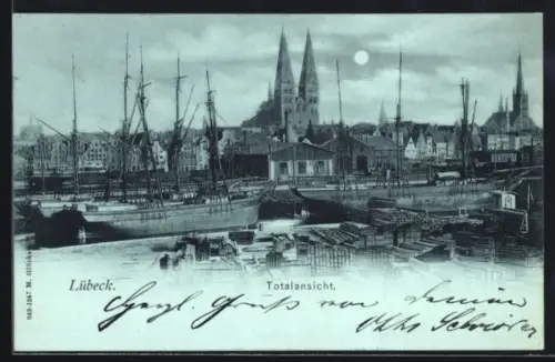 Mondschein-AK Lübeck, Totalansicht vom Hafen aus