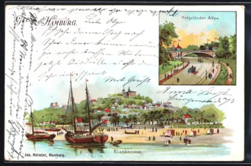 Lithographie Hamburg, Blankenese, Helgoländer Allee, Strand, Segelboote