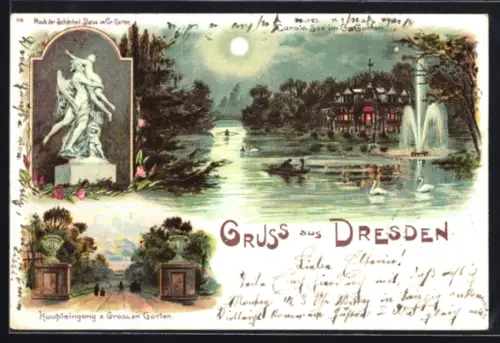 Lithographie Dresden, Karolasee im Grossen Garten, Haupteingang, Statue, Mond