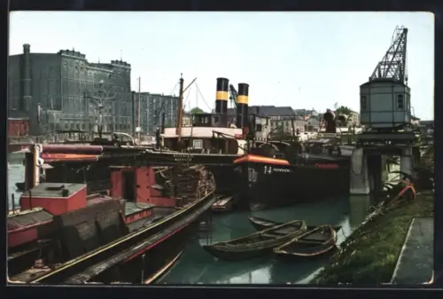 AK Mannheim, Mühlau-Hafen, Schiffe, Kran, Lagerhaus
