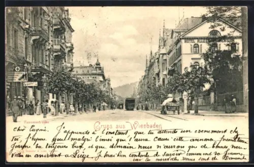 AK Wiesbaden, Taunusstrasse, mit Hotel u. Strassenbahn