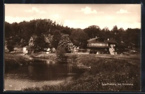 AK Grimma, Gasthof Schiffmühle und Gewässer