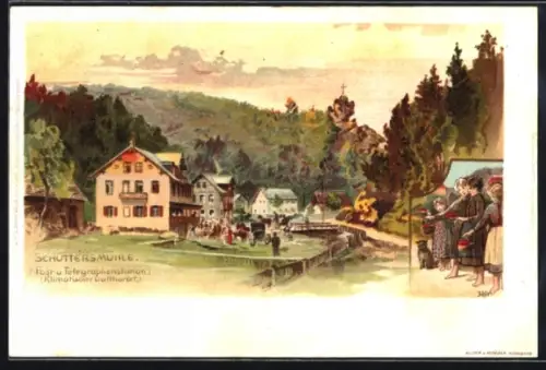 Lithographie Schüttersmühle, Gasthof / Kuftkurort, Kindergruppe mit Beeren