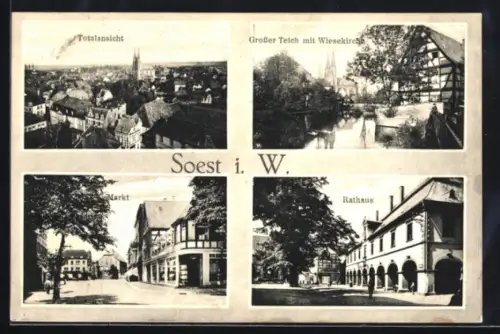 AK Soest i. W., Totalansicht, Grosser Teich mit Wiesenkirche, Markt, Rathaus