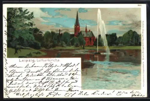 Lithographie Leipzig, Lutherkirche, Teich mit Springbrunnen