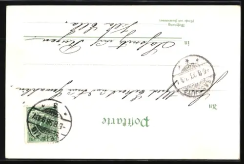 Lithographie Leipzig, Lutherkirche, Teich mit Springbrunnen