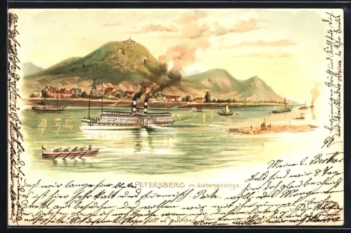 Lithographie Petersberg /Siebengebirge, Dampfschiff, Ruderboot, Blick auf den Petersberg