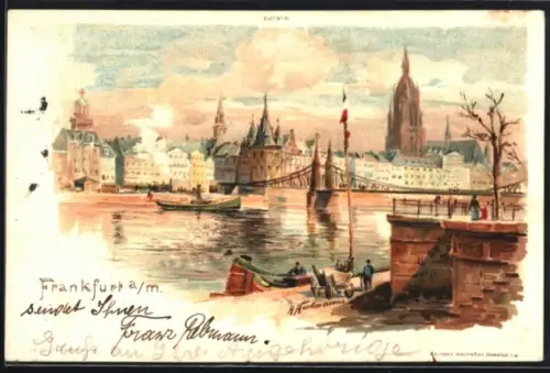 Lithographie Alt-Frankfurt, Mainufer, Alte Brücke, Kaiserdom, Stadtpanorama