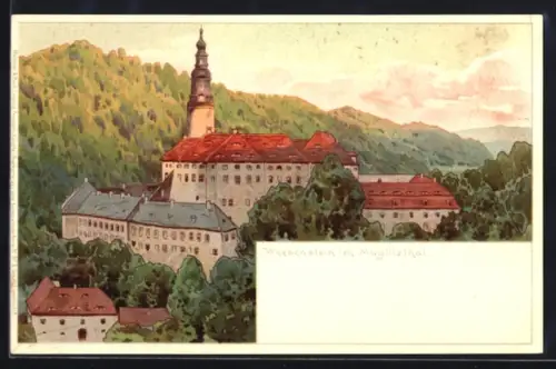 Lithographie Weesenstein /Muglitztal, Schloss Weesenstein