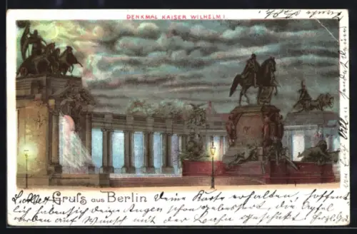 Lithographie Berlin, Denkmal Kaiser Wilhelm I. bei Nacht, Mondschein