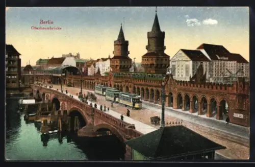 AK Berlin-Friedrichshain, Oberbaumbrücke, Strassenbahn, Brücke, Fluss