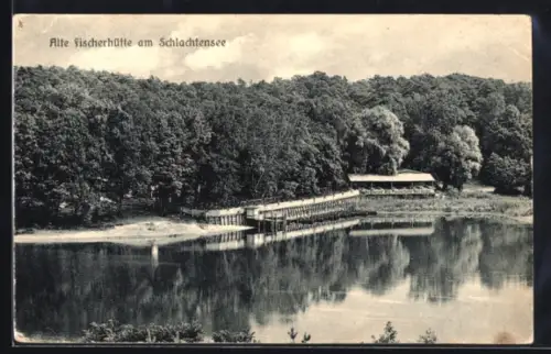 AK Berlin-Zehlendorf, Schlachtensee, Gasthaus Alte Fischerhütte, Steg, Seeufer