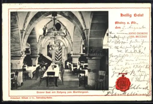AK Mainz a. Rh., Gasthaus Heilig Geist, unterer Saal mit Aufgang zum Wartburgsaal