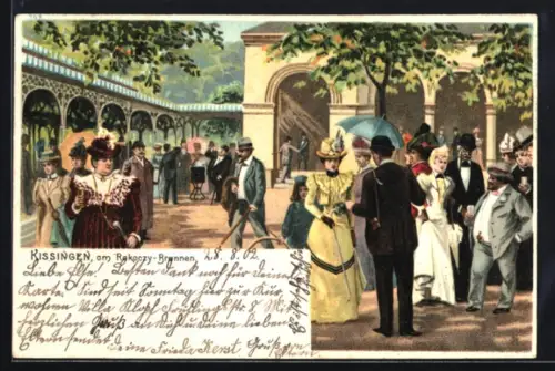 Lithographie Kissingen, Am Rakoczy-Brunnen, Kurgäste und Wandelhalle