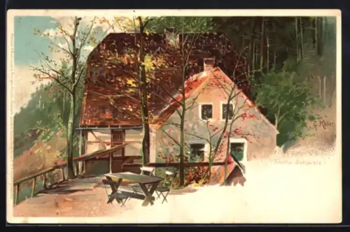 Lithographie Dresden-Hosterwitz, Gasthaus Keppmühle