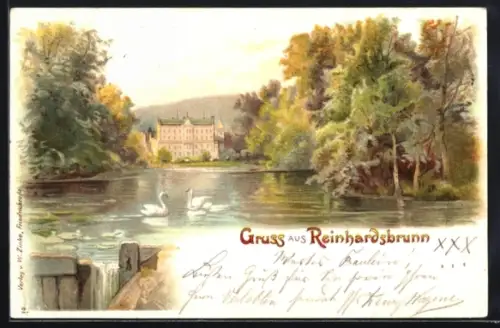 Lithographie Reinhardsbrunn, Schloss und Park mit Teich und Schwänen
