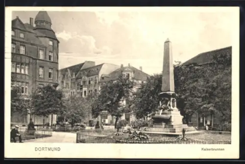 AK Dortmund, Am Kaiserbrunnen, Ortspartie mit Obelisk