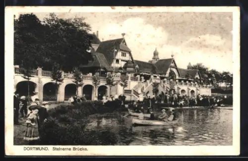 AK Dortmund, Steinerne Brücke, Panorama mit Bootspartie