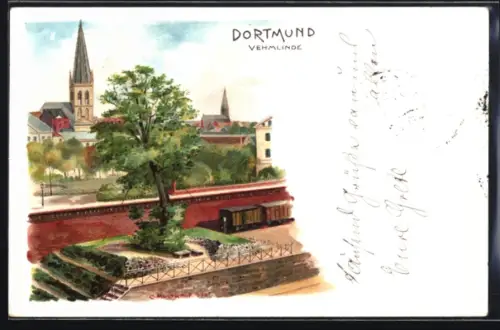 Lithographie Dortmund, Vehmlinde, Kirchen, Stadtansicht