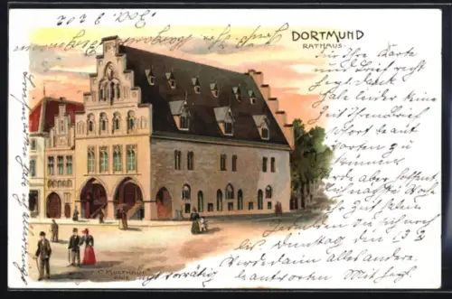 Lithographie Dortmund, Rathaus mit Passanten