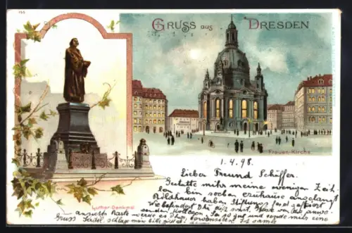 Lithographie Dresden, Frauenkirche bei Dämmerung, Luther-Denkmal