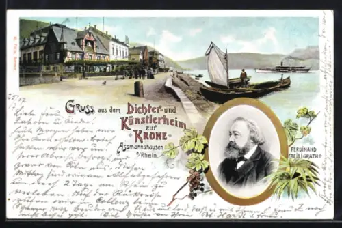 Lithographie Assmannshausen /Rhein, Dichter- und Künstlerheim zur Krone, Ferdinand Freiligrath, Rheinansicht