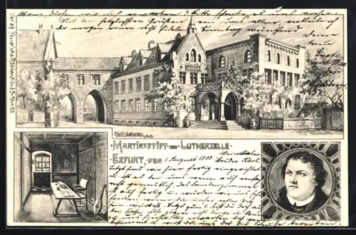 Lithographie Erfurt, Martinstift, Lutherzelle, Porträt Martin Luther