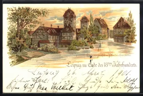Lithographie Leipzig, Nonnenmühle mit Pferdeschwemme