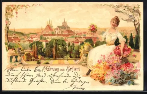 Lithographie Erfurt, Stadtansicht mit Dom und Severikirche, Blumenmädchen