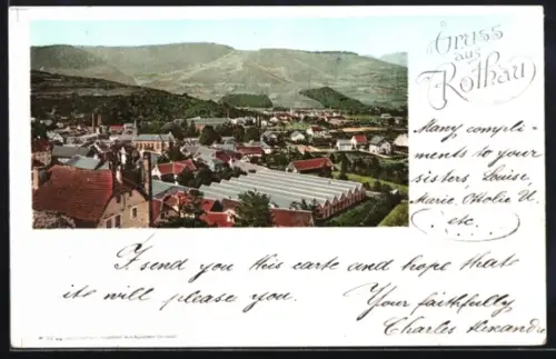 AK Rothau, Ortsansicht mit Fabrikgebäuden und umliegenden Bergen