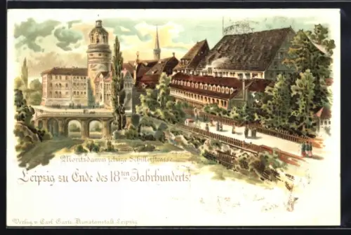 Lithographie Leipzig, Moritzdamm (jetzige Schillerstrasse) aus der Vogelschau, Panorama