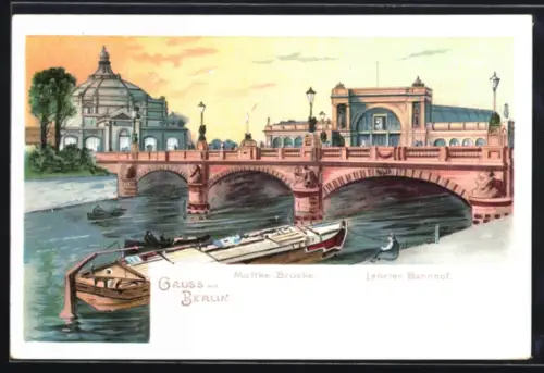 Lithographie Berlin-Tiergarten, Moltke-Brücke, Lehrter Bahnhof, Panorama