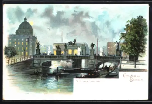 Lithographie Berlin, Schlossbrücke, Fluss, nächtliche Ansicht