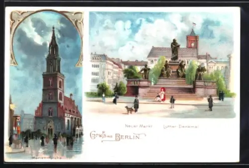 Lithographie Berlin, Marienkirche, Neuer Markt, Luther-Denkmal